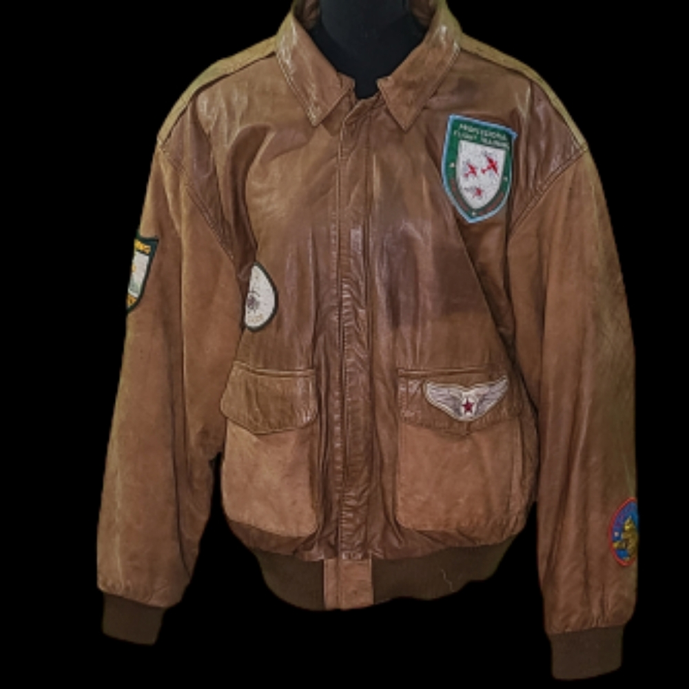 Genuine supple brown leather bomber jacket.
